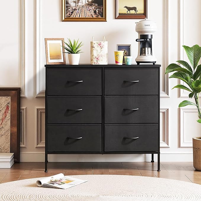 6-Drawer Dresser for Bedroom, Anti-Tip Wide Storage Organizer | Chest of Drawers with Wooden Top and Metal Frame Fabric Bins for Closet, Living Room, Hallway, Entryway, Black