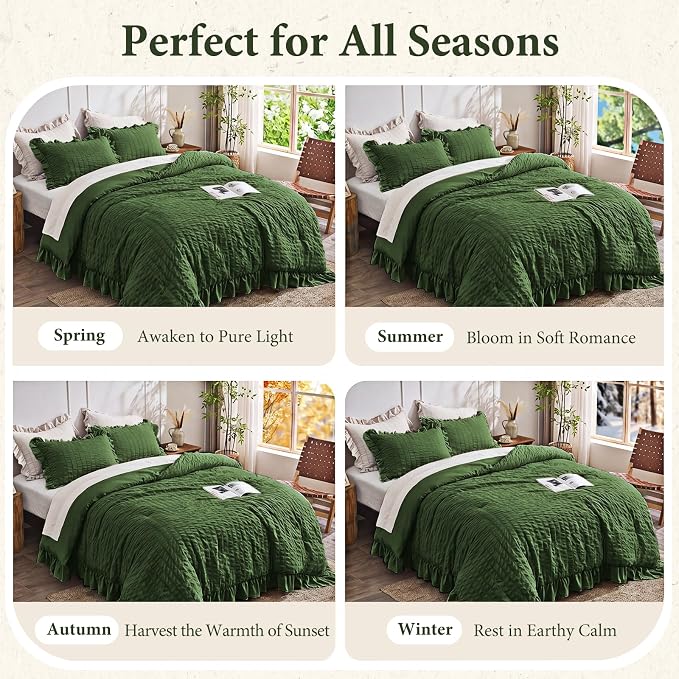 JOLLYVOGUE Dark Green Twin/Twin XL Comforter Set, 2 Pieces Seersucker Lightweight Fluffy Bedding Set, Twin Ruffle Comforter, All Season Soft Microfiber Shabby Chic Bed Set