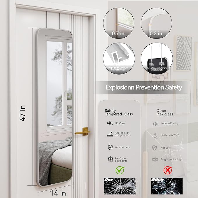 SCWF-GZ 47x14 Full Length Mirror Over the Door Hang or Wall Mounted Silver | HD Clear Tempered Glass,Aluminum Frame Rect Full Body Dressing Make-up Mirrors for Bedroom,Bathroom, Entryway,Living Room