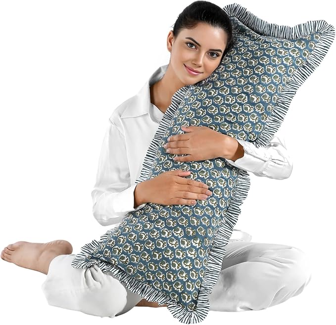 Ridhi Block Print Peacock Blue Ruffle Lumbar Pillow Shams, 14" x 36" Set-1 | 100% cotton, Floral Pillowcase, Cushion Cover, Hidden Zipper, Cottagecore Bedding, farmhouse boho style, fits couch, sofa,Bed