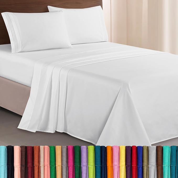 Elegant Comfort Luxurious 1500 Premium Hotel Quality Microfiber Three Line Embroidered Softest 4-Piece Bed Sheet Set, Wrinkle and Fade Resistant, King, White