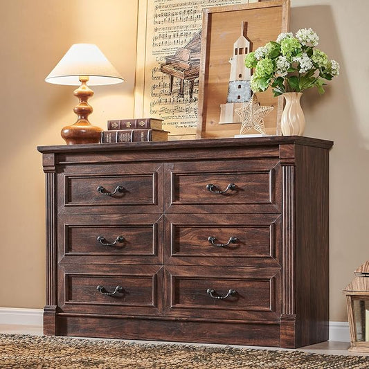 Aitjunz Farmhouse 47'' Wide 6 Drawer Dressers for Bedroom, Brown | Chests of Drawers w/Roman Columns, Horizontal Wooden TV Stand Dresser w/Metal Handle for Bedroom, Hallway, Living room