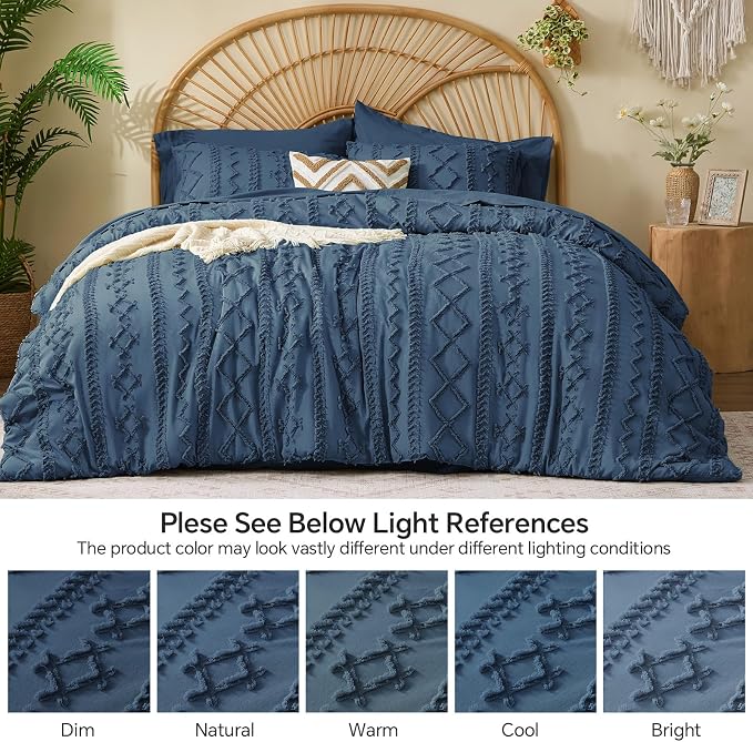 BEDELITE Queen Comforter Set 7 Pieces,Boho Bed in a Bag,Navy Blue | Tufted Bed Set for All Seasons,Soft Farmhouse-Style Embroidery Bedding,Includes Flat & Fitted Sheets,2 Pillowcases & 2 Shams