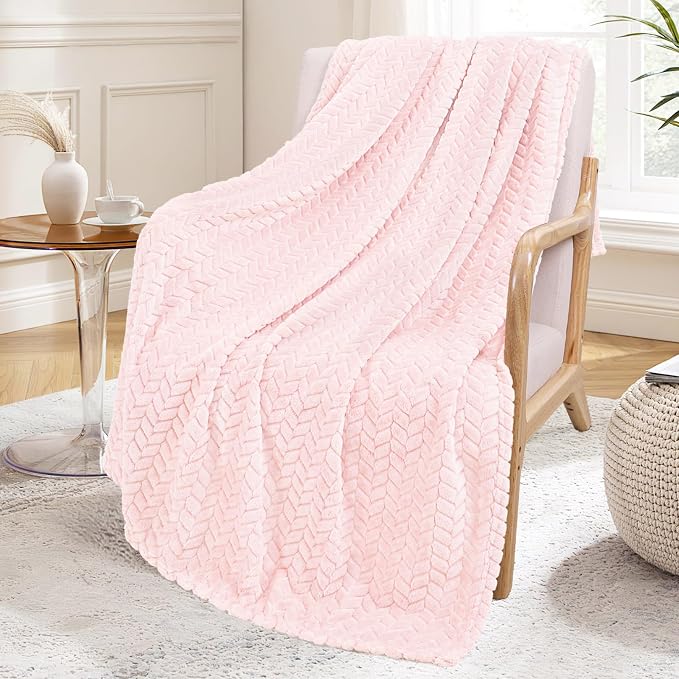 Exclusivo Mezcla Fleece Throw Blanket for Couch Sofa, 50”x70”, Light Pink | Oversized Soft Cozy Fluffy Blankets for Summer, Decorative Plush Flannel Throws for Living Room, Bedroom with Leaves Pattern