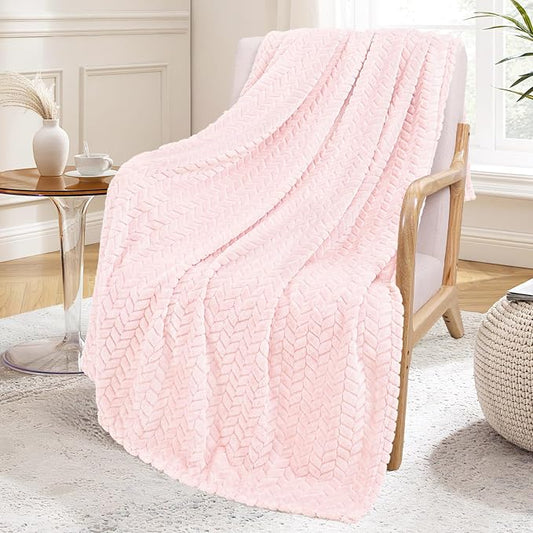 Exclusivo Mezcla Fleece Throw Blanket for Couch Sofa, 50”x70”, Light Pink | Oversized Soft Cozy Fluffy Blankets for Summer, Decorative Plush Flannel Throws for Living Room, Bedroom with Leaves Pattern