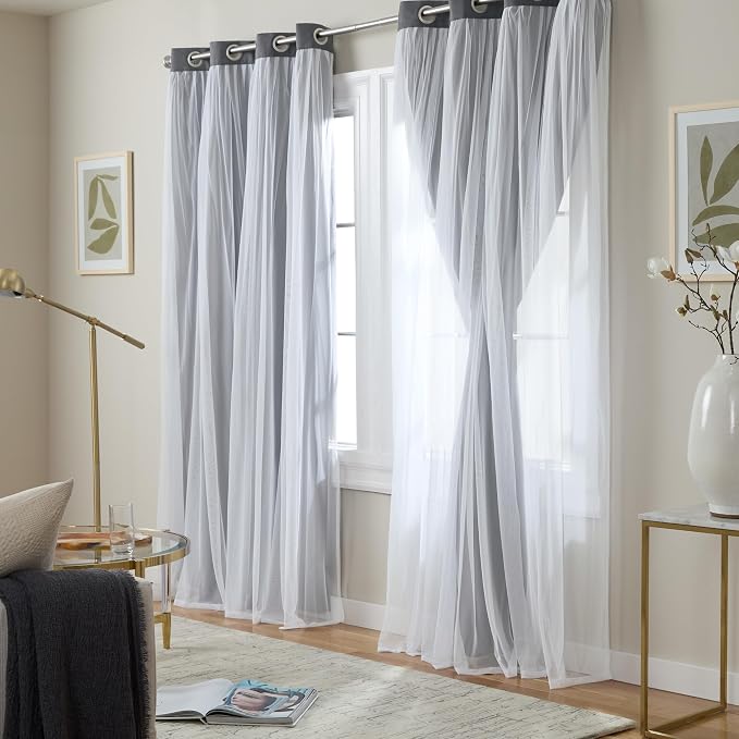 TOWN & COUNTRY LUXE Talia Double Layer Indoor Curtains, Sheer and Room Darkening Blackout, Grommet Top, Energy Efficient, 2-Pack Set, 52"x108", Black Pearl