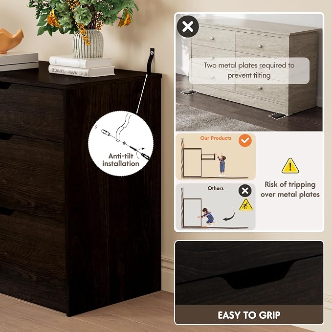 YESHOMY Dresser for Bedroom, 47.2" Modern Wood Chest with 6 Drawers | Two Drawer Sizes, Anti-Tip, Storage Cabinet & TV Stand for Living Room, Closet, Entryway, Brown