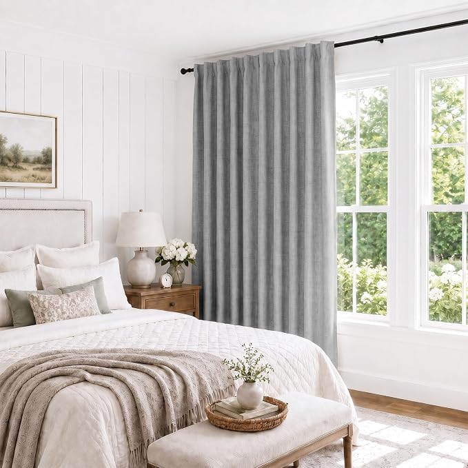 Deconovo 100% Blackout Curtains for Bedroom, Linen Textured Thermal Insulated Drapes with 20 Clip Rings, Noise Reducing Curtains for Nursery, Set of 2, Grey, 100" W x 84" L (Pack of 1)