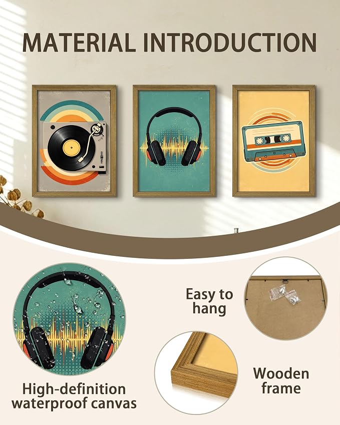 Framed Vintage Music Canvas Wall Art Set of 3, Vinyl Record Headphones Cassette Wall Decor Painting, Rustic Mid Century Music Print Pictures for Bedroom Living Room Office Studio Decor 16x24 Inch