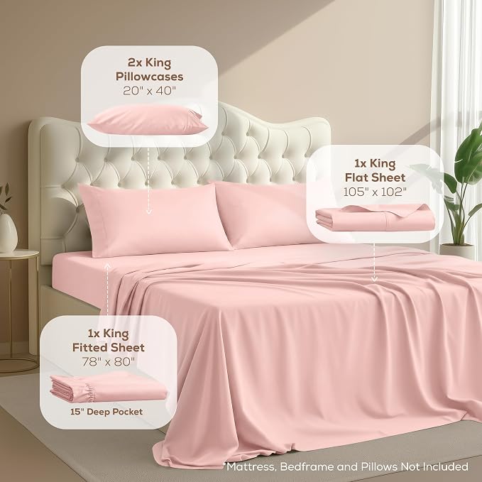 King Sheets Set, 4 Pieces 16" Deep Pocket Hotel Luxury Bed Sheets, Tea Pink | Extra Soft Bedsheet Set, Comfy & Breathable Cooling Sheets, Wrinkle & Fade Resistant, Fitted Sheet, Flat Sheet, 2 Pillowcases