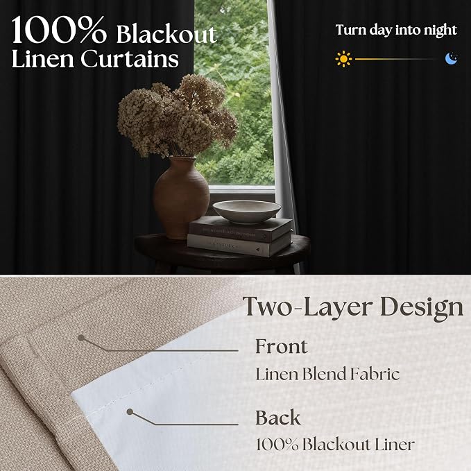 Viral Pleated Blackout Burlap 120 Inch Long Curtains Burlywood Birch | Pinch Pleated, Taupe Linen Curtains, Double Layer 100% Black Out, Soundproof, Neutral Cottagecore Window Drapes 2 Panels