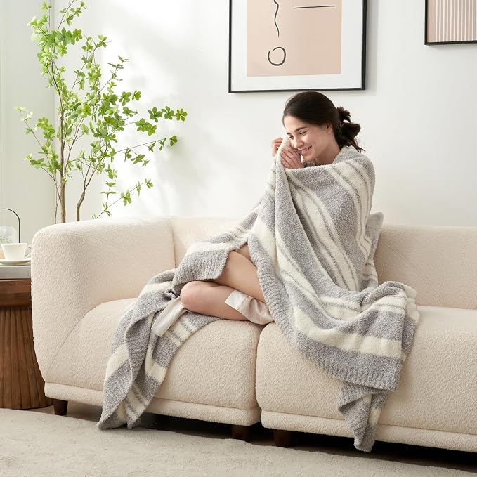 Snuggle Sac Queen Size Bedding Blankets, Super Soft Warm Blankets Cozy Knit Fuzzy Oversized Blankets for Bed, Stripe Grey, 90"x90"