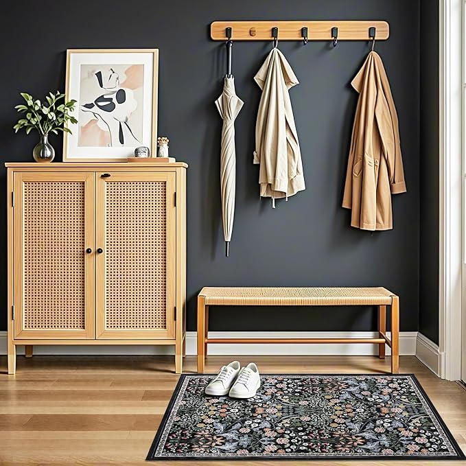 PLHXFR 2x3 Small Entryway Rug: Floral Washable Indoor Carpet Dark Black | For Entrance, Bedroom, Kitchen, Laundry, Bathroom,Door Mat,Vintage Floral,Machine washable,Non-Slip,Stain Resistant,Indoor