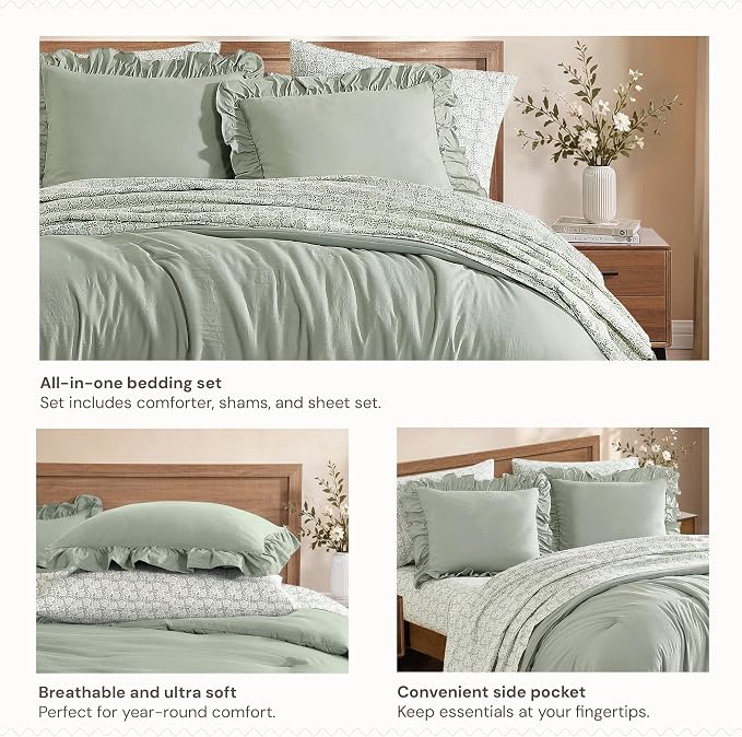 Full Size Comforter Sets-7 Pieces Ruffle Bedding Floral Sheet | Sage Vine Bed in a Bag, Soft Lightweight All Season Farmhouse Full Size Bedding Sets with Floral Sheets, Pillowcases & Shams