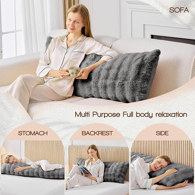 YZ HOME Faux Fur Fluffy Body Pillow for Adults, Soft Support | Firm Body Pillow, Adjustable Support for Side Sleeping, Pregnant Women, Washable cover,Gifts, 20x54 Inch (Grey)