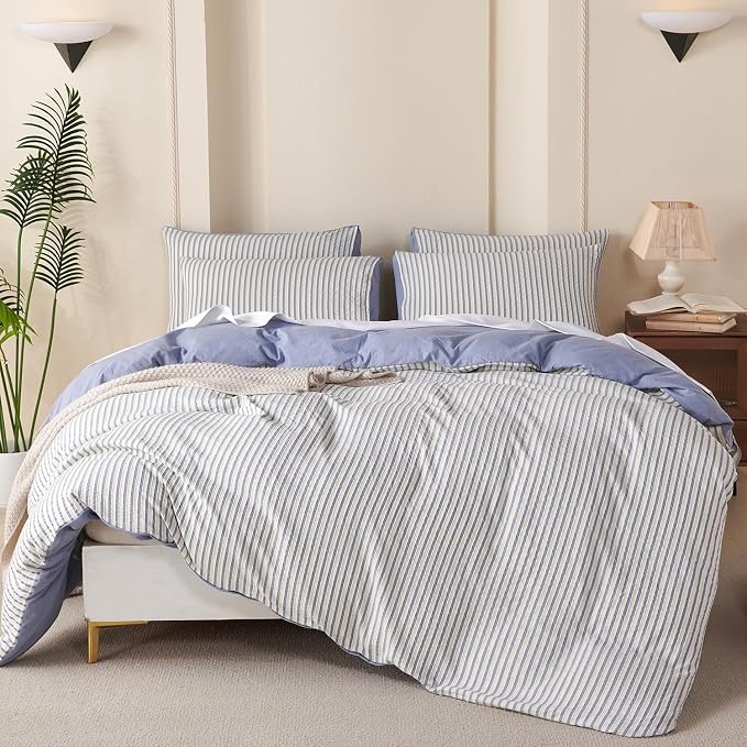 Comforter Set King Size Blue Striped Soft Luxury Washed Microfiber Jacquard 3 Pieces Bedding, White Blue Vertical Ticking Stripes Pattern Comforter with 2 Pillowcases Breathable Durable Comfy