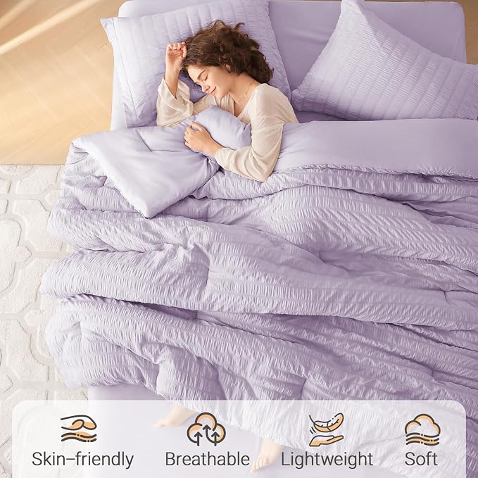 5 Pieces Twin XL Comforter Set, Seersucker Bed in a Bag Twin XL Size, All Season Luxury Bedding Set with Comforter, Flat Sheet, Fitted Sheet, Pillowcase & Sham, Lavender