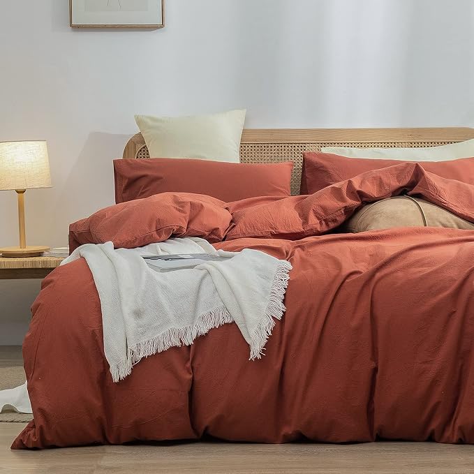 BESTOUCH Cotton Solid Duvet Cover Set Linen Feel Crimson Red King | 100% Washed Cotton, Soft Wrinkle Texture, Hidden Zipper, 8 Ties, Breathable Lightweight Durable Comfy, 3 Pcs No Insert