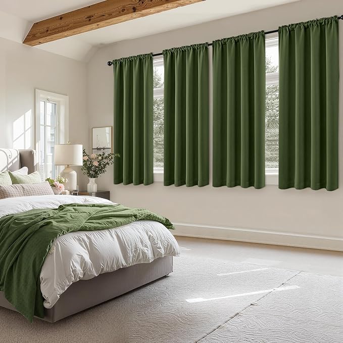 MIULEE Set of 4 Short Bedroom Blackout Curtains 54 Inch Long Oliver Green | Thermal Curtains for Summer Heat, Light Blocking Privacy Window Drapes, Top&Bottom Rod Pocket