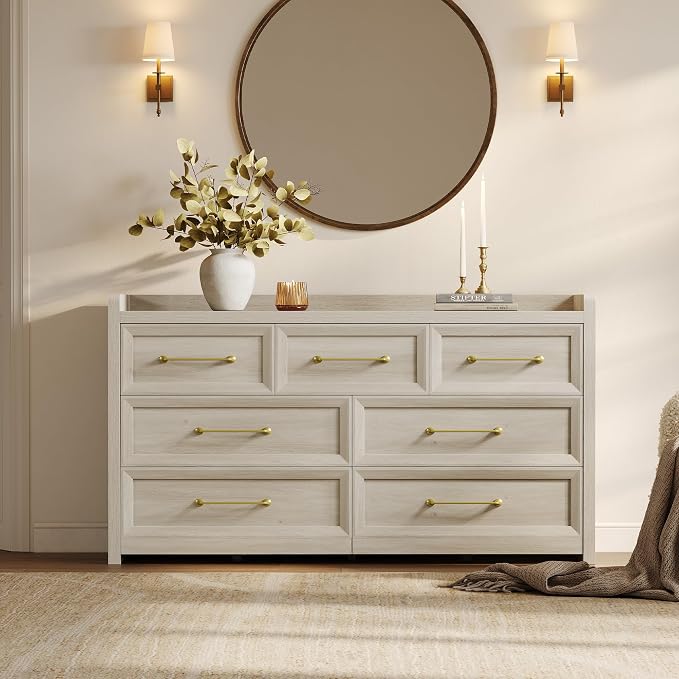 SICOTAS Dresser for Bedroom with 7 Drawers, 56.5" Wide Large Modern Dresser | Chest of Drawers for Living Room, Closet Clothes Storage Organizer Smooth Sliding Drawers, Grey White Oak