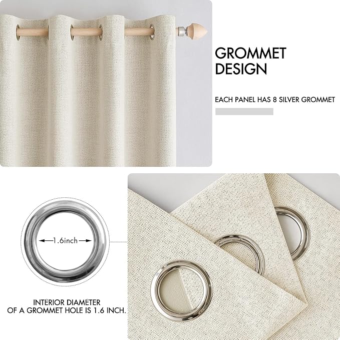 MIULEE 100% Blackout Linen Curtains for Bedroom 52x108 Inches Light Ivory | Room Darkening, Light Blocking, Thermal Insulated, Grommet Top, Linen Textured, Window Curtains for Living Room, 2 Panels