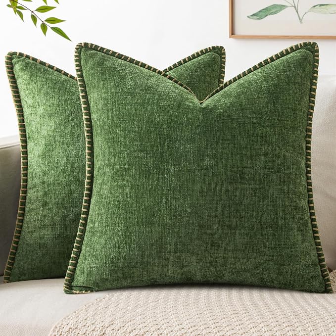MIULEE Decorative Couch Throw Pillow Covers 20x20 Inch Forest Green 2 Pack | Farmhouse Pillow Covers with Stitched Edge, Soft Chenille Cushion Cases, for Sofa Bed Living Room Home Decor, Moss Green