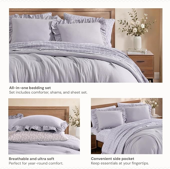 King Size Comforter Set-7 Pieces Ruffle Bedding Floral Sheet | Lilac Bed in a Bag, Soft Lightweight All Season Farmhouse King Size Bedding Sets with Floral Sheets, Pillowcases & Shams