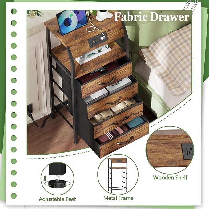 Furnulem Night Stand with Charging Station, 4 Drawers Tall Bedside Table | Small Rustic Brown Dresser, 33.3 Inch Tall Dorm Nightstand, Fabric Drawers, Storage Tower for Closet, Bedroom, 3 Ways to Use
