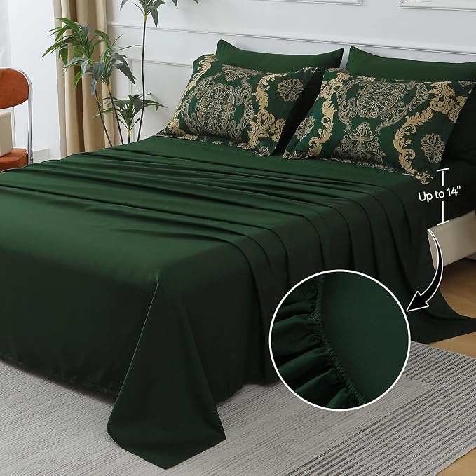WONGS BEDDING Green Damask Queen Size Comforter Set, 7 Piece Texture Microfiber Comforter Bedding Set for All Season, Bed in a Bag with Comforter, Flat Sheet, Fitted Sheet, Pillowcases & Shams