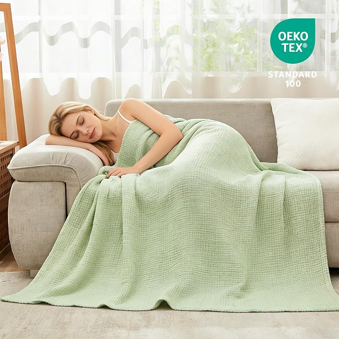 EMME Muslin Blankets for Adults Throw Blanket for Couch Breathable Gauze Soft Lightweight Airy Mint Green Queen 90" x 90"