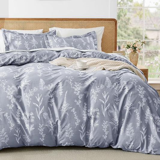 MUXHOMO Duvet Cover Twin/Twin XL Size Set, Reversible Floral Grey Duvet Cover with Zipper Closure, 2 Pieces Botanical Patterns Soft Bedding Set with 4 Ties (68"x90", 1 Pillow Case)