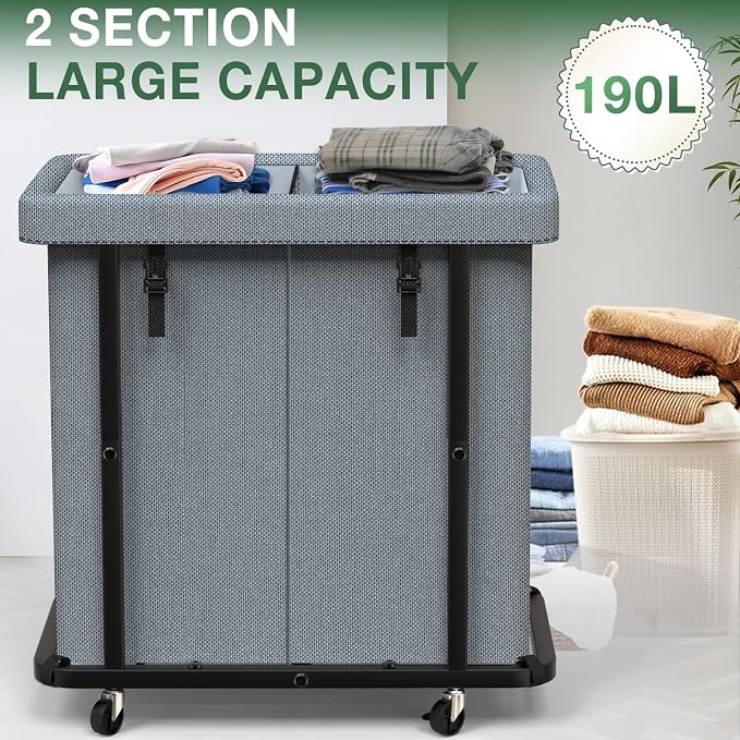 Laundry Basket with Lid,190L Rolling Laundry Hamper with Wheels,Grey | Dirty Clothes Hamper with Metal Frame and Removable Bag Design, Suitable for Laundry Room, Bedroom(2 Section)