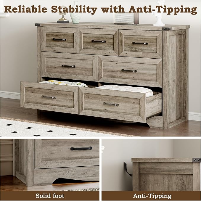 BORNOON 7-Drawer Dresser for Bedroom, Modern Wooden Chest of Drawers with Metal Handles, Anti-Tipping Design, Sturdy and Stable Storage Organizer for Living Room, Entryway, Home Office