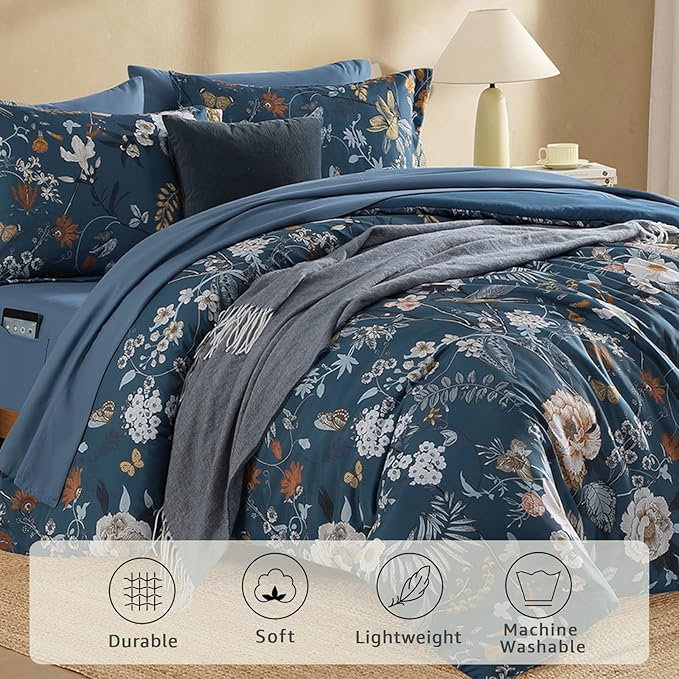 Queen Comforter Set - 7 Pieces Blue Floral Bed in a Bag Queen Bedding Sets | All Season Botanical Texture Flowers Comforter Set with Sheets, Pillowcases & Shams