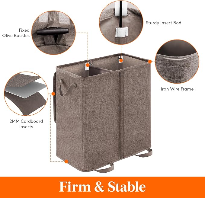 Lifewit Double Laundry Hamper with Lid and Removable Laundry Bags, Large Collapsible 2 Dividers Dirty Clothes Basket with Handles for Bedroom Laundry Room Closet Bathroom College, 136L Brown