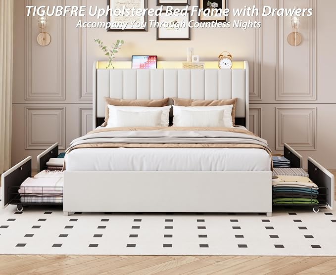 Full Bed Frame with 4 Drawers and Storage Headboard, Upholstered Platform Bed Frame Full Size with Led Lights and Handy Charging Station, No Box Spring Needed, Easy Assembly, Noise Free, Beige