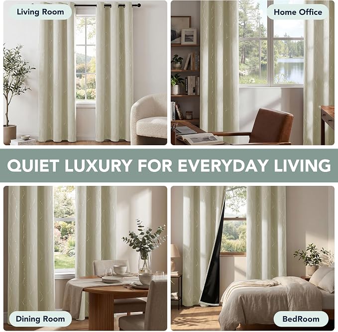 Deconovo 100% Blackout Living Room Curtains 84 Inches Long, Black Backing | Silver Line Foil Pattern Drapes, Thermal Insulated, Room Darkening, Grommet, 2 Panels Set, Light Beige, 42 x 84 Inch