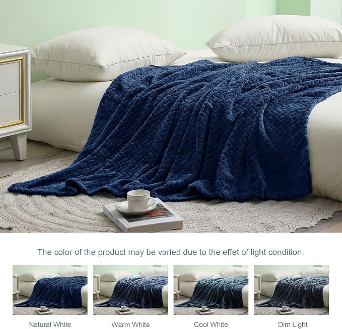 Exclusivo Mezcla Soft Fleece Bed Blanket King Size, 90”x104”, Navy Blue | Cozy Fluffy Lightweight Blankets for Summer, Decorative Plush Flannel Throws for Living Room, Bedroom with Leaves Pattern