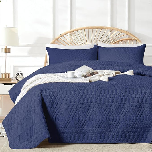 akkialla Twin Size Quilt Bedding Set,Navy Blue Lightweight Microfiber Soft Bedspreads,Modern Style Geoetric Pattern Coverlet Set for All Seasons,2 Piece(1 Quilt,1Pillow Sham)