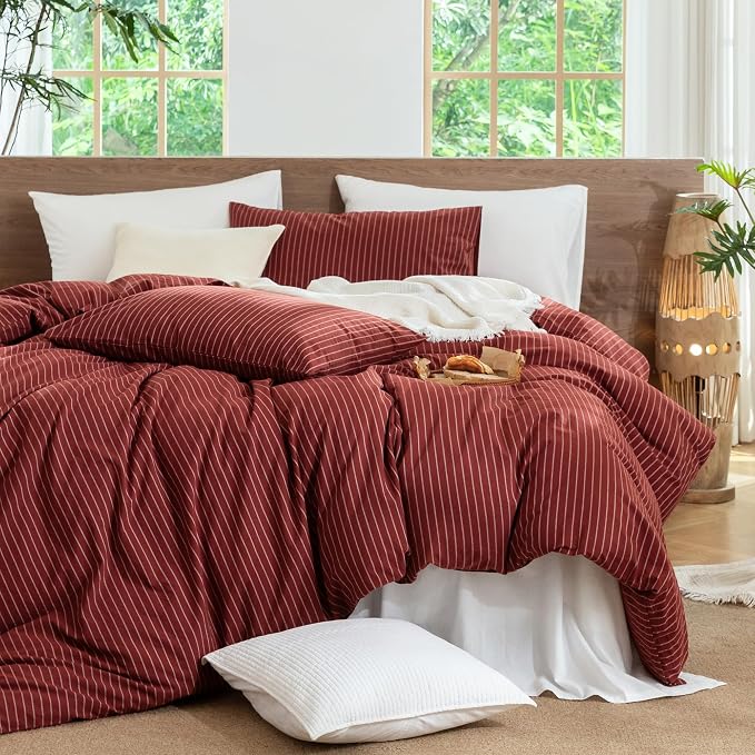 MooMee Striped Duvet Cover Set 100% Washed Cotton Linen Like King | Relaxed Linen-like Texture. Soft, Breathable & Long-lasting Comfort. Lightweight. Hidden Zipper with 8 Interior Corner Ties