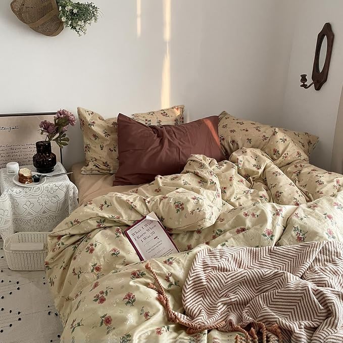 mixinni Vintage Floral Duvet Cover Queen Size - 3 Piece 100% Cotton Cottagecore Red Flowers & Green Leaves Bedding, Soft Botanical Comforter Cover & Pillowcases, Aesthetic Spring Bed Set for Girls