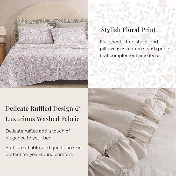 King Size Comforter Set-7 Pieces Ruffle Bedding Floral Sheet | Brich Bed in a Bag, Soft Lightweight All Season Farmhouse King Size Bedding Sets with Floral Sheets, Pillowcases & Shams