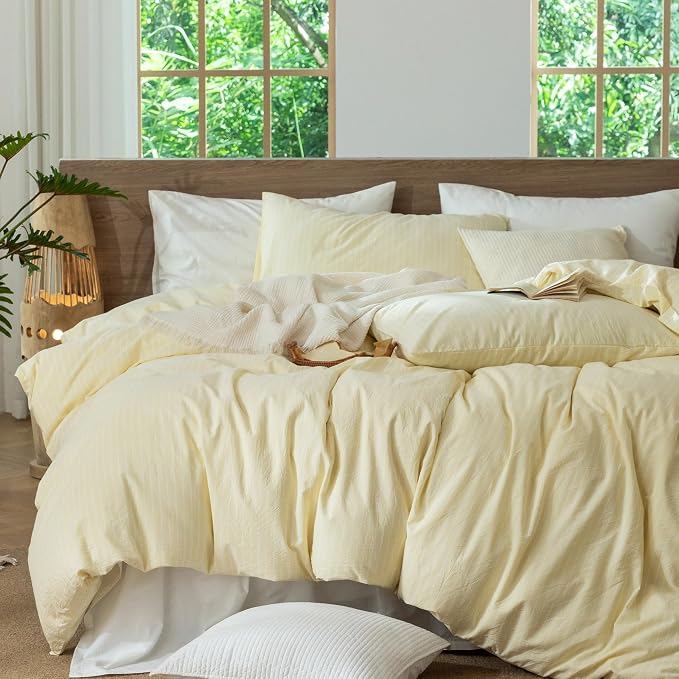 MooMee Striped Duvet Cover Set 100% Washed Cotton Linen Like King | Relaxed Linen-like Texture. Soft, Breathable & Long-lasting Comfort. Lightweight. Hidden Zipper with 8 Interior Corner Ties