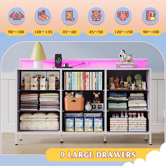 WLIVE Dresser TV Stand 9 Drawers, Fabric Chest LED Lights, Tie-dye | 9-drawer dresser TV stand fits 55in TV with RGB LED lights and charging station, fabric media console for living room