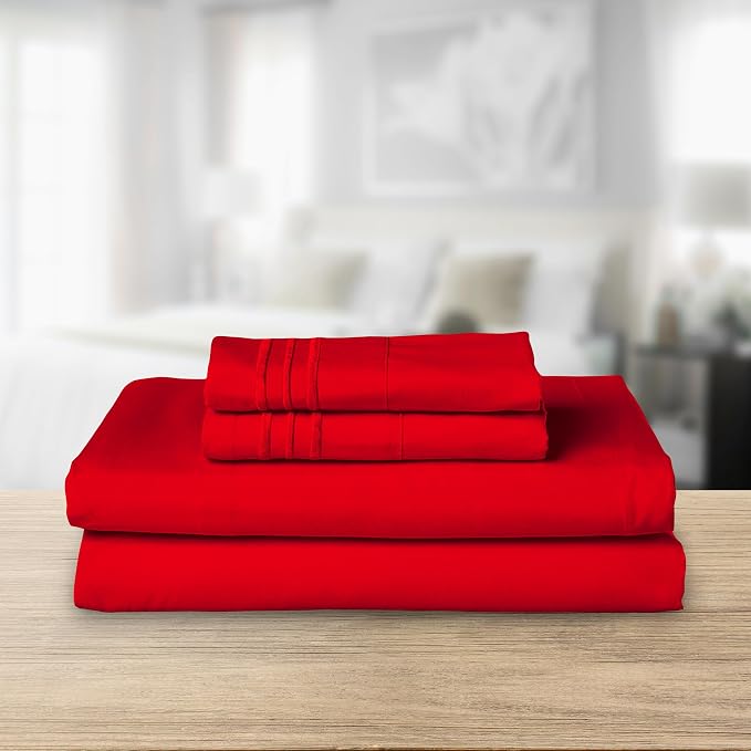 Elegant Comfort Luxurious 1500 Premium Hotel Quality Microfiber Three Line Embroidered Softest 4-Piece Bed Sheet Set, Wrinkle and Fade Resistant, Full, Red