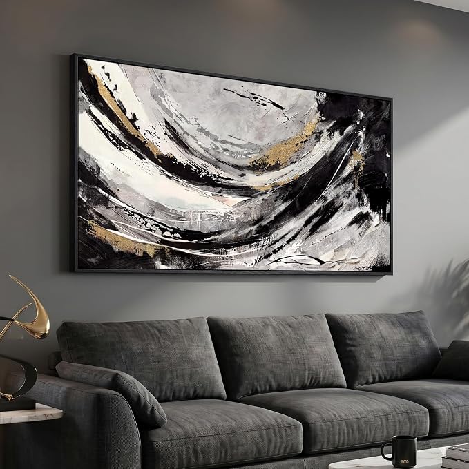 Extra Large Framed Black and White Abstract Wall Art for Living Room, 60x30 | Black gold pictures, Canvas prints, Wood frame, Modern painting artwork for walls, Wall decor for dining room bedroom hallway