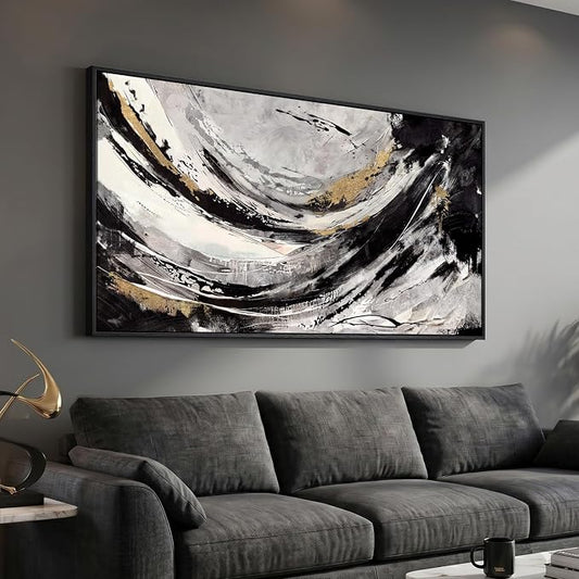 Extra Large Framed Black and White Abstract Wall Art for Living Room, 60x30 | Black gold pictures, Canvas prints, Wood frame, Modern painting artwork for walls, Wall decor for dining room bedroom hallway
