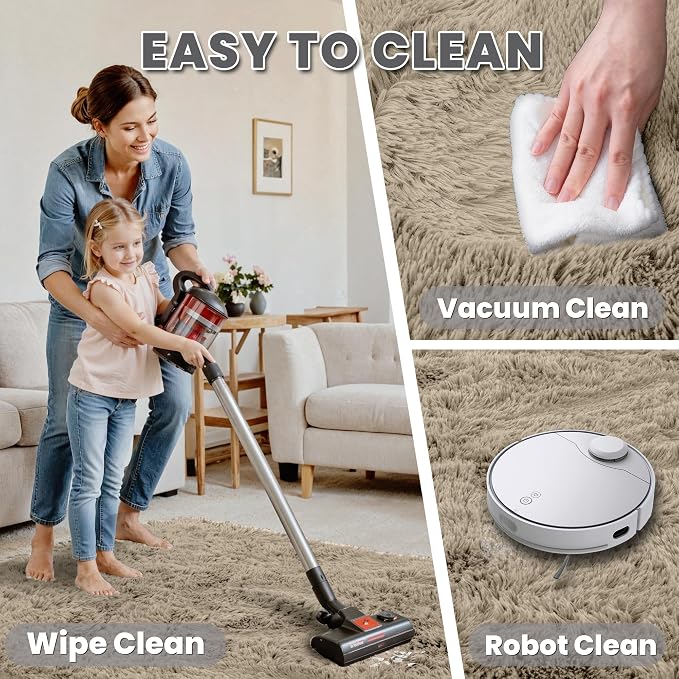 8x10 Fluffy Shag Area Rugs for Living Room Bedroom: Soft Carpet Gray Camel | Upgraded Non-Slip Thick Memory Foam, Ultra Soft, Non-Shedding Fuzzy Carpet, Easy Clean Decor for Kids Room, Nursery, Playroom