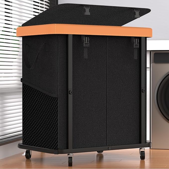 Laundry Basket with Wheels,190L Leather Patchwork Laundry Hamper 2 Setion | Sturdy Metal Frame, Removable Washable Bag, Tall Clothes Sorter for Bedroom - Black