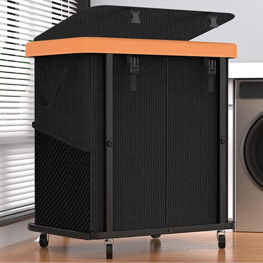 Laundry Basket with Wheels,190L Leather Patchwork Laundry Hamper 2 Setion | Sturdy Metal Frame, Removable Washable Bag, Tall Clothes Sorter for Bedroom - Black